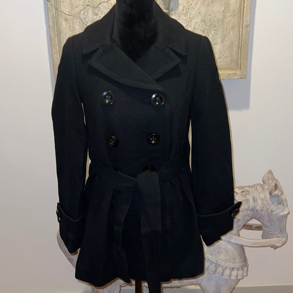 J. Crew wool black double breasted belted pea coat Sz 0
